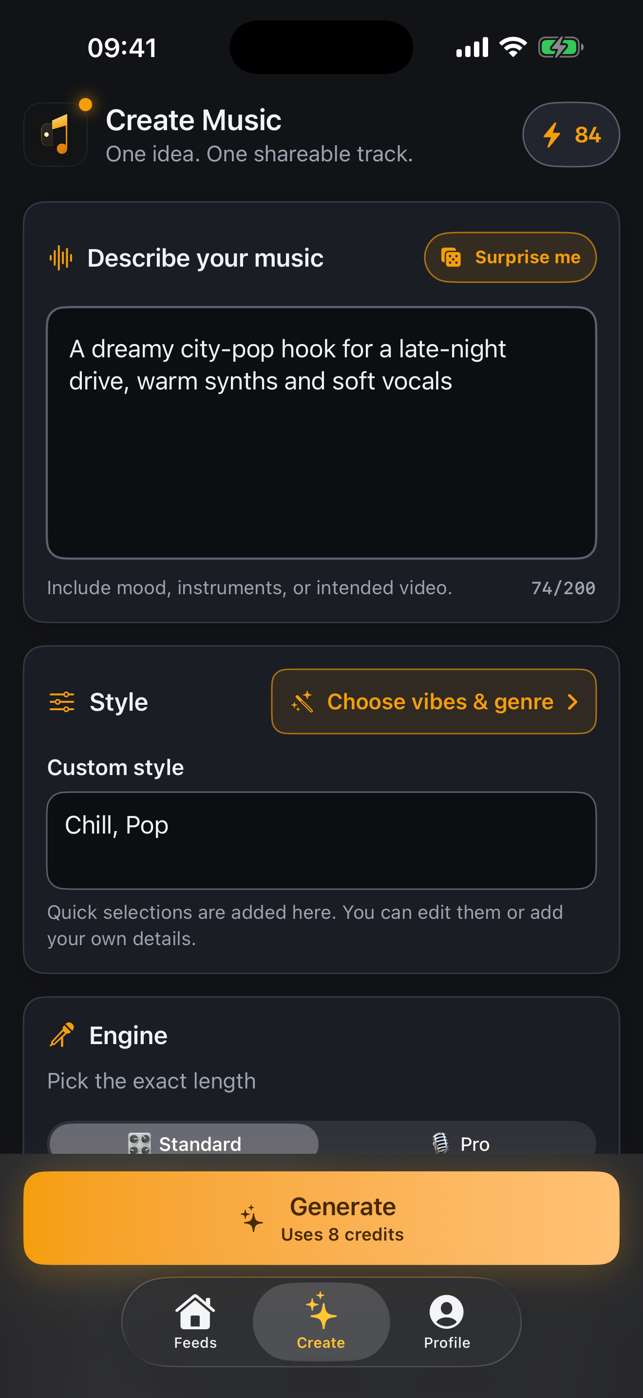 Create screen with a description field, style options, and the generate button