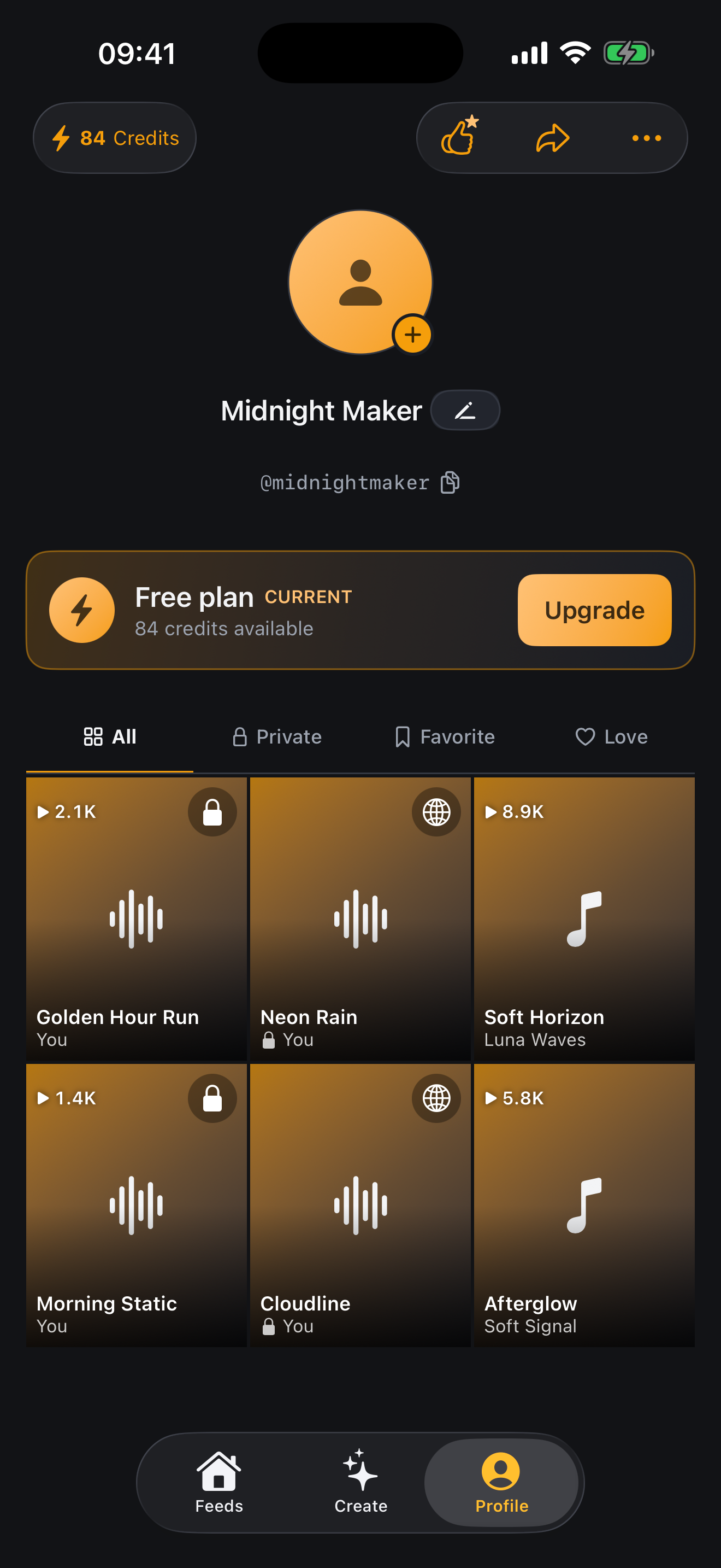Creator profile with a grid of created, private, and saved tracks