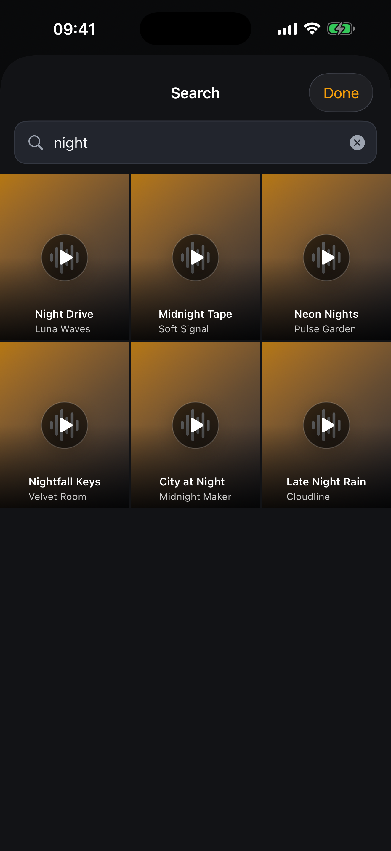 Search screen for songs, creators, and moods